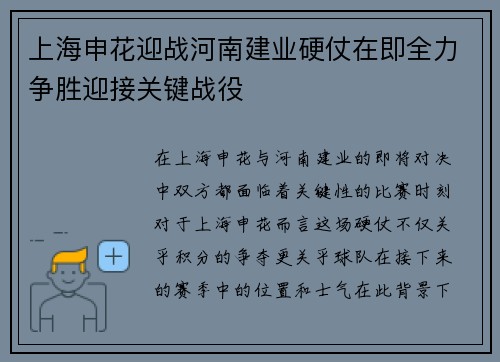 上海申花迎战河南建业硬仗在即全力争胜迎接关键战役