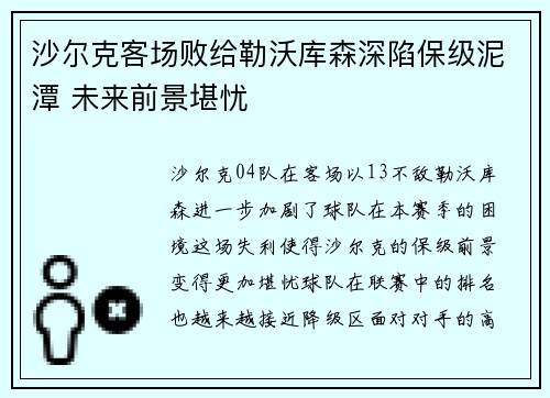 沙尔克客场败给勒沃库森深陷保级泥潭 未来前景堪忧