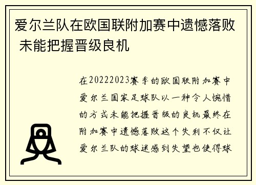 爱尔兰队在欧国联附加赛中遗憾落败 未能把握晋级良机