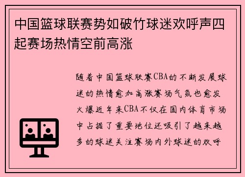 中国篮球联赛势如破竹球迷欢呼声四起赛场热情空前高涨